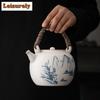 Retro Soda Glaze Ceramic Teapot Hand-painted Landscape Lifting Beam Pot Boiling Water Side Handle Kettle For Electric Stove