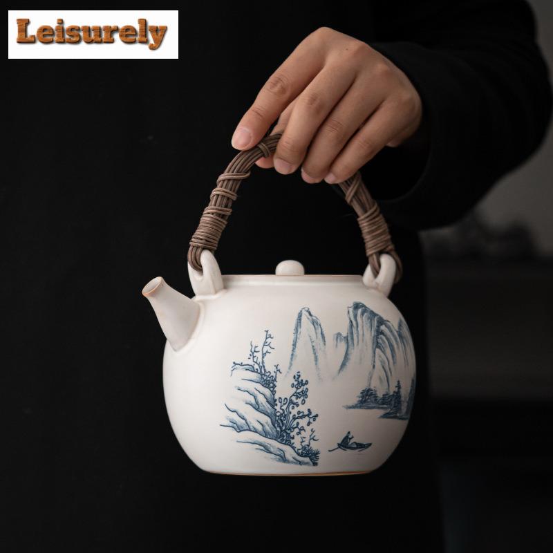 Retro Soda Glaze Ceramic Teapot Hand-painted Landscape Lifting Beam Pot Boiling Water Side Handle Kettle For Electric Stove