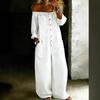 Damen schulterfrei Langarm Denim Jumpsuit lockere Passform mittlere Taille lässiger Body