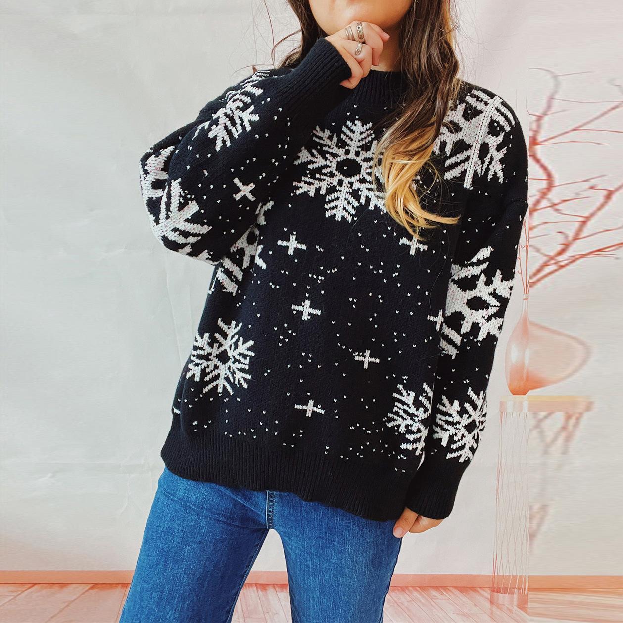 

Autumn and winter new thick New Year sweater Christmas snowflake round neck long sleeved knitted pullover sweater 3600 EMA XL чорний