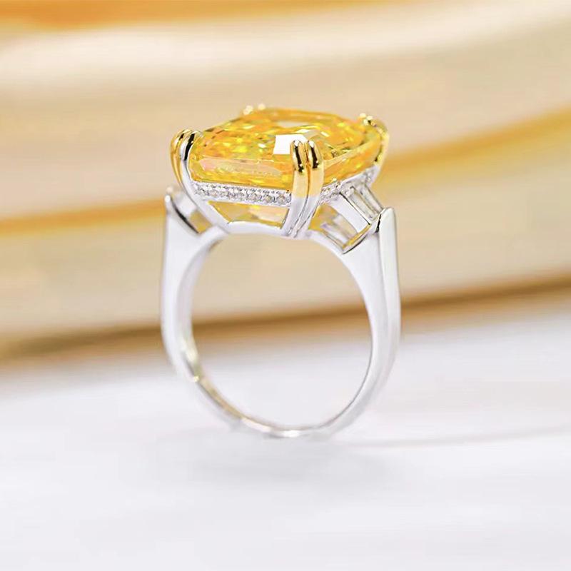 Lulu Tong S925 Silver Square Emerald-Cut Ring with Simulated High Carbon Diamond for Women