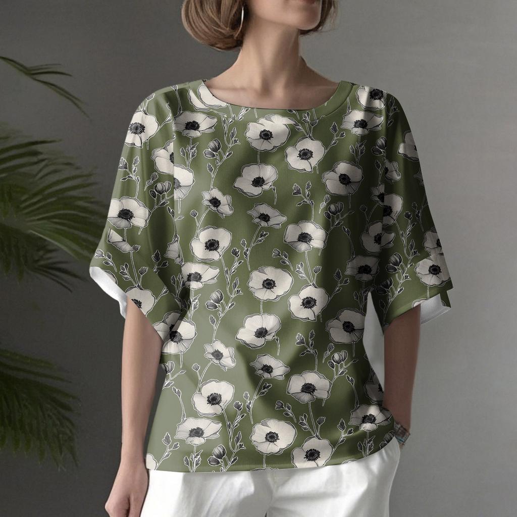 Women's Fashionable Casual Round Neck Printed Top Loose Top Printed Top Loose Top