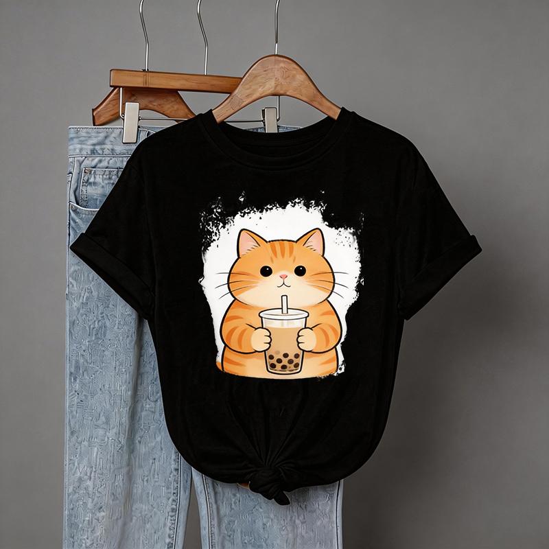 

Womens Funny T Shirt with Yellow Cat and Tea Print Casual Graphic Tshirt Fashion Crew Neck Short Sleeve TShirt Tops Clothes S