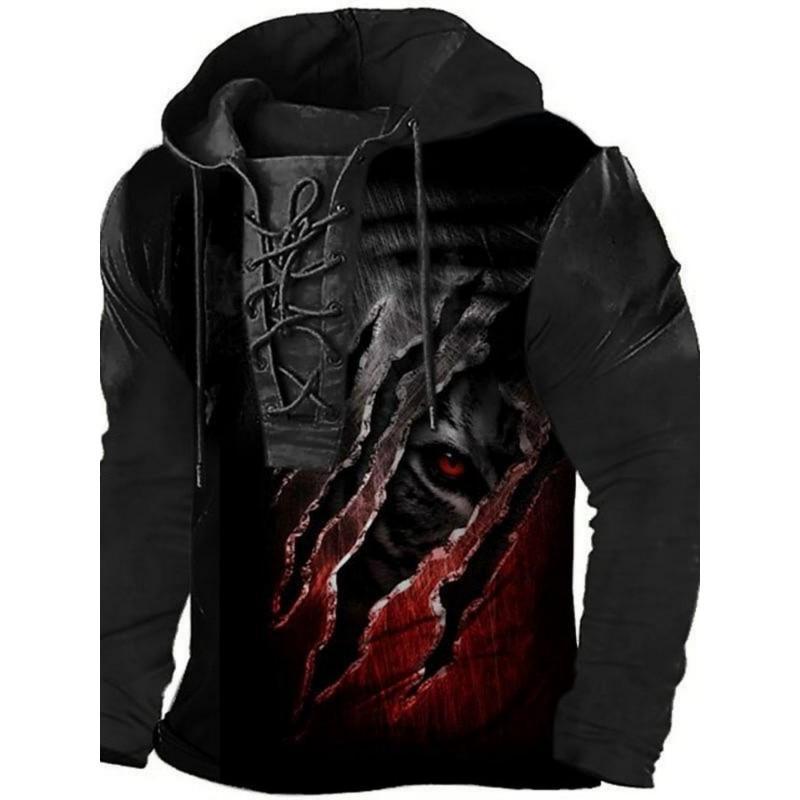 Herren Kapuzenpullover Lockerer Schnitt Mit 3D Digitalem Tierdruck Air Layer Stoff Langarm Freizeit Oberteil Alles