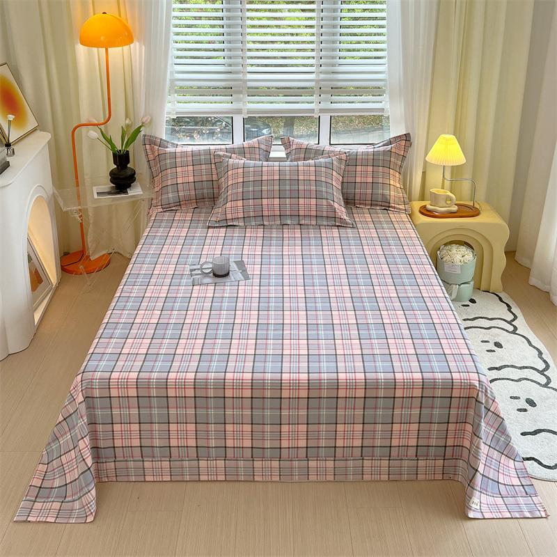 Green Check Raw Cotton Bed Sheets For Double Bed All Seasons Bed Cover Full Set Queen/King Size Flat Top Sheets No Pillowcase