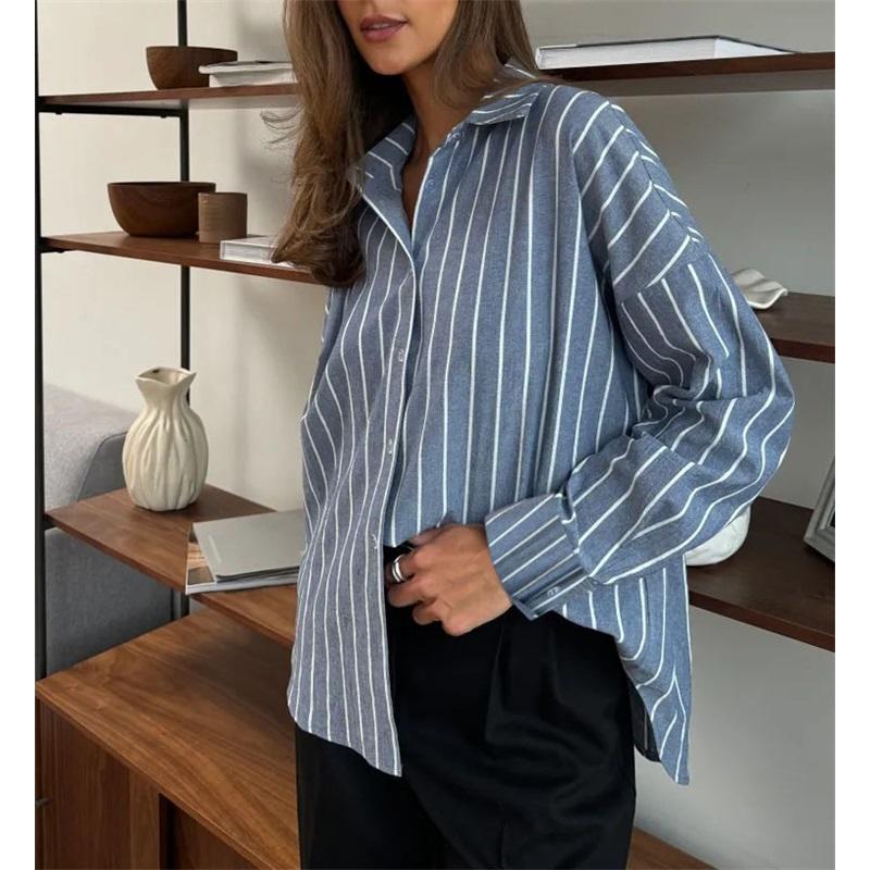 European And American Women's Summer New Long-sleeved Cardigan Jacket Striped Shirt Casual And Comfortable Top