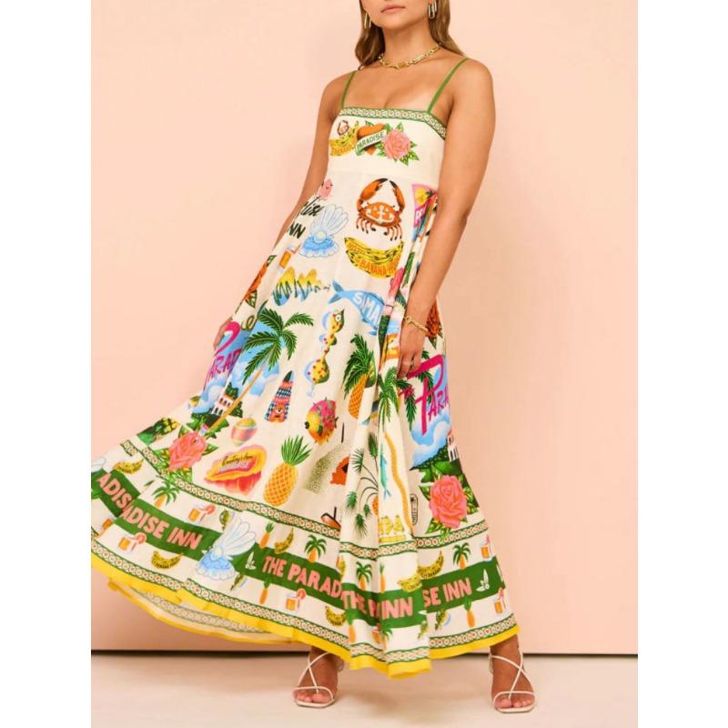 Vestidos Halter de Verão Femininos com Estampa Grafite e Sem Mangas e Bainha Grande