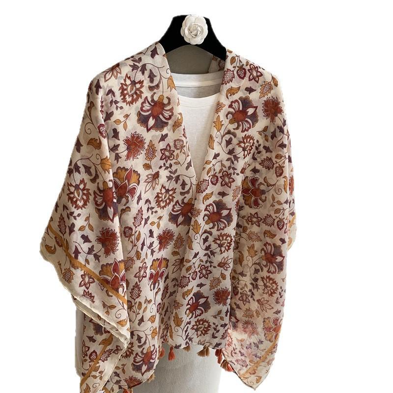 Printed Scarf Women'S Spring Summer Sun Protection Maple Leaf Long Yarn Scarf Travel Photo Silk Scarf Air Conditioner Outside The Room Shawl