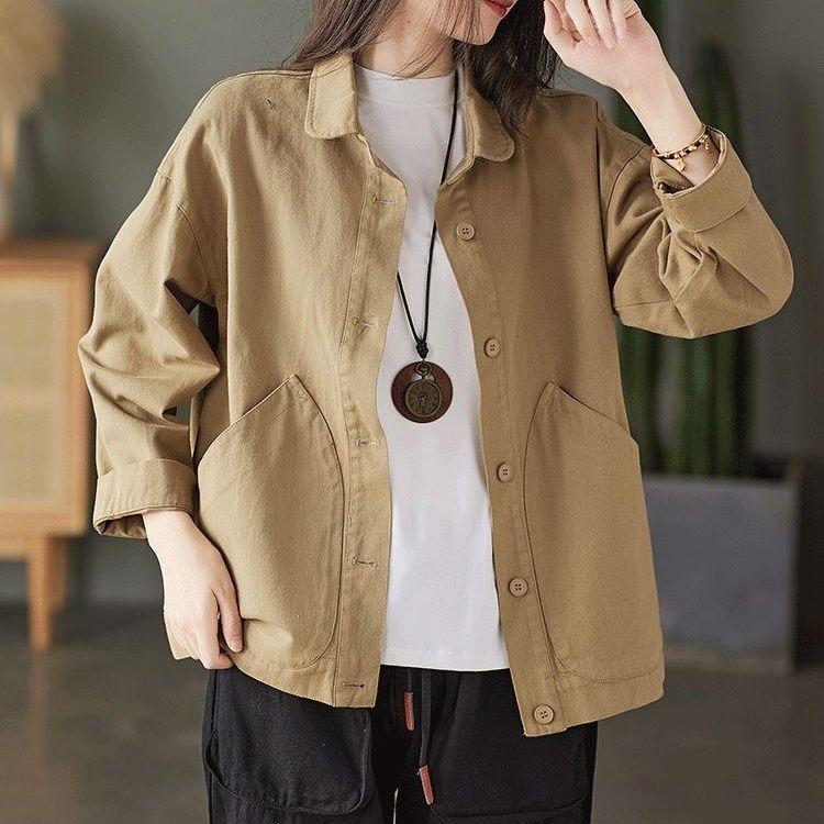 Women's Retro Art Loose Cotton Shirt Coat Simple Design Solid Pocket Single Breasted Twill Versatile Spring Autumn