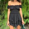 Off Shoulder Short Sleeve Lace Casual Dress Women Summer Slim Sexy Short Dress Woman High Waist Layered Ruffle Dresses 27780