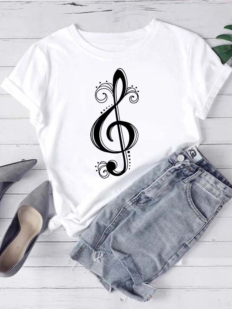 T-shirt Mode Femme Imprimé Notes de Musique T-shirt Décontracté Hauts Noirs Années 90 Dames Filles T-shirt FeUnisex Harajuku T-shirt Graphique