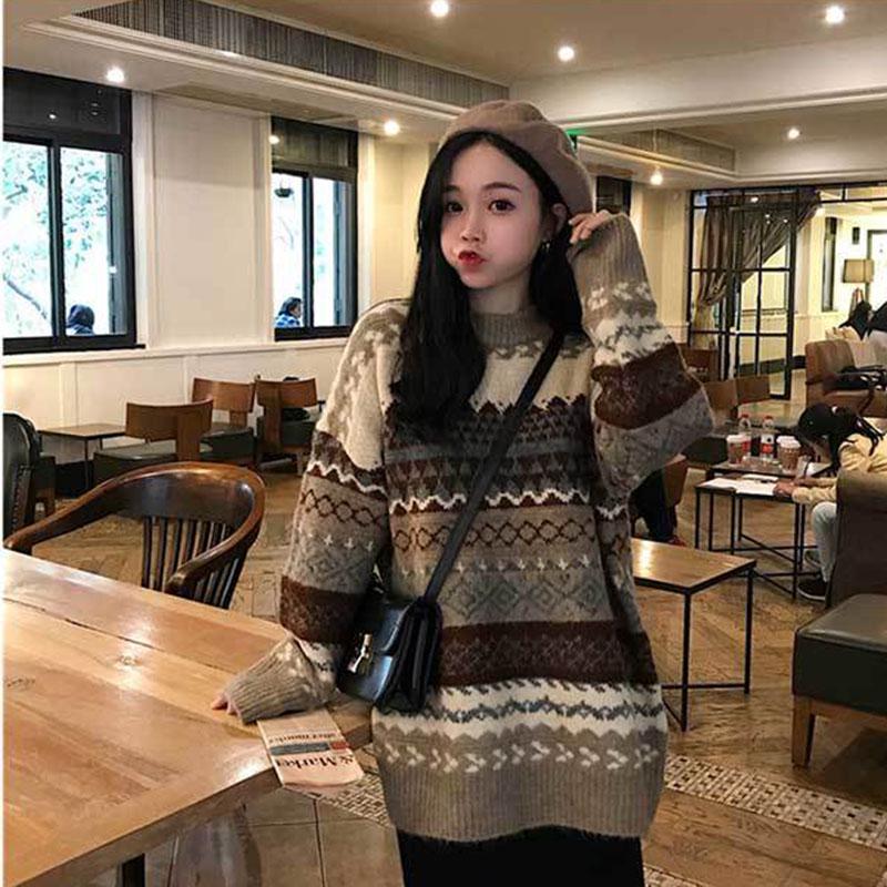 

Винтажный повседневный свитер, женский свободный вязаный пуловер с круглым вырезом, верхняя одежда, плотный теплый повседневный трикотаж для поездок на работу L