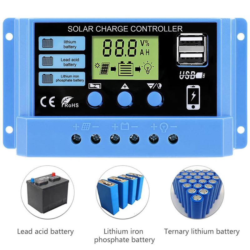 30A 20A 10A Solar Charge Controller 12V 24V Auto Solar Panel Pv Lcd Controller For Lead-Acid Battery, Lithium Battery Dual Usb