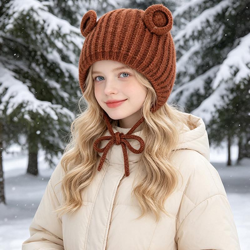 Cute Baby Bear Ear Knit Hat with Tie Strings Warm Winter Bonnet for Infants Toddlers Soft