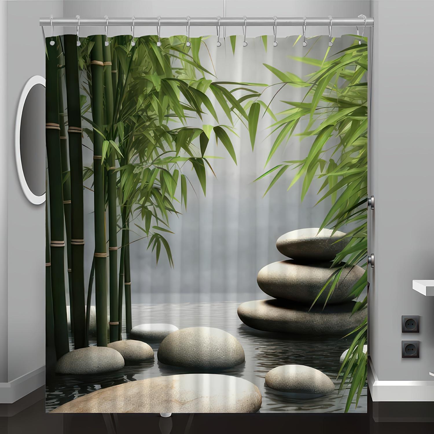 

1Pc Bamboo & Stone Print Shower Curtain - Polyester, Serene Nature Design, Lush Bamboo & Sunlit Leaves, Modern Bath Decor W60H190(CM)-1 Pcs