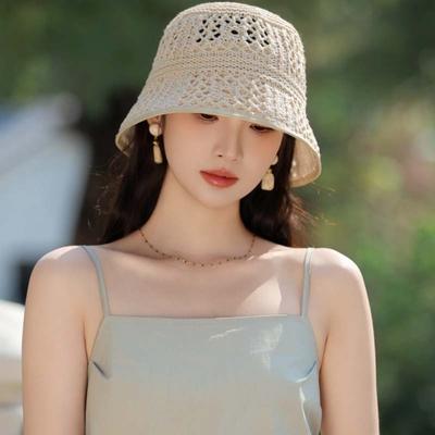 Breathable Knitted Bucket Hat Hollow Out Sun Protection Cap Elegant Sunshade Basin Cap  Vacation