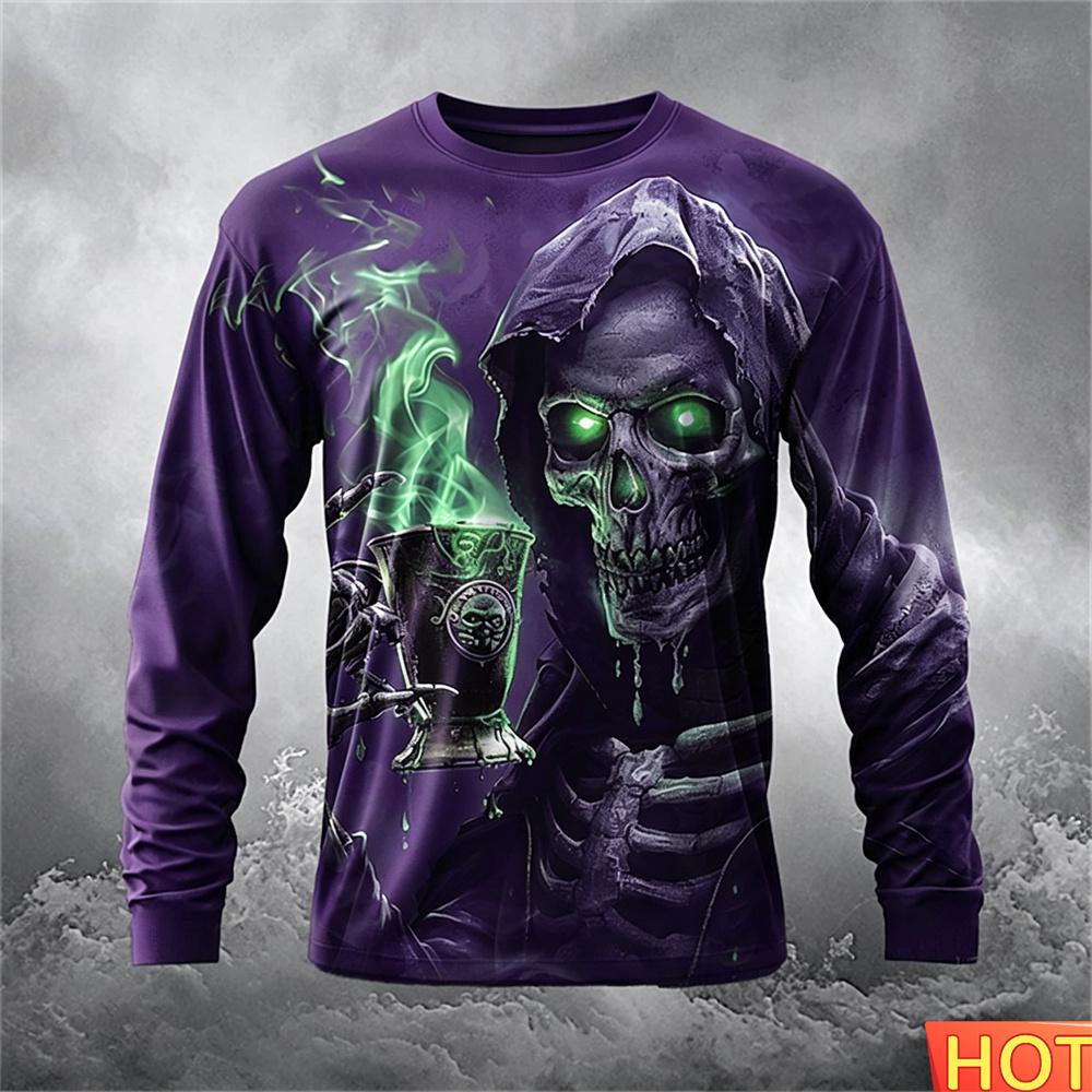 Skeleton Men's Casual Round Neck Long Sleeve Autumn Winter Round Neck Pullover Fashion Streetwear Graphic T-shirts Gifts for Men
