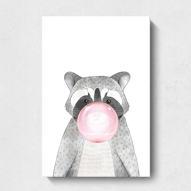 Decorative Painting Animal Bear Deer Blowing Balloon Nordic Animal Blowing Bubble Hanging Painting Wall Picture for Living Room