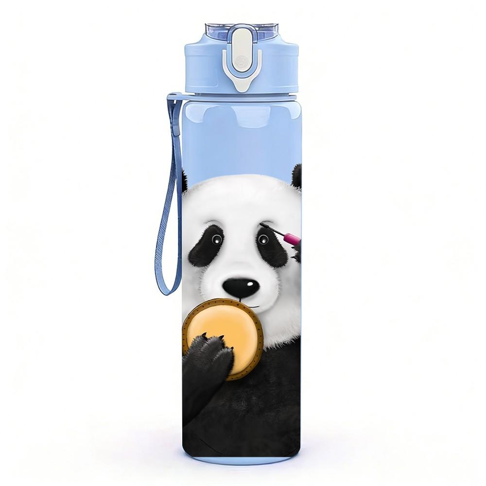 1PC Panda Holding Fruit Bite Pattern 750ml Color Plastic Sports Water Bottle Leakproof Flip Straw Lid Suitable for Sports Office Home Use