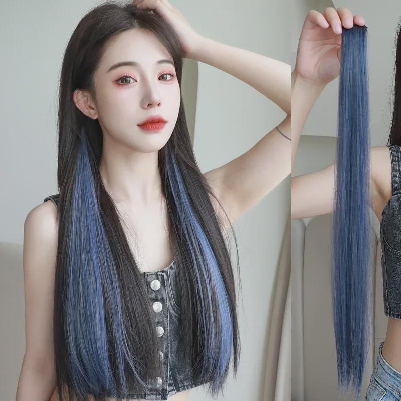 Long, single-piece clip-in hair extension for highlighting, with ear-hanging design and invisible straight dyed strands.