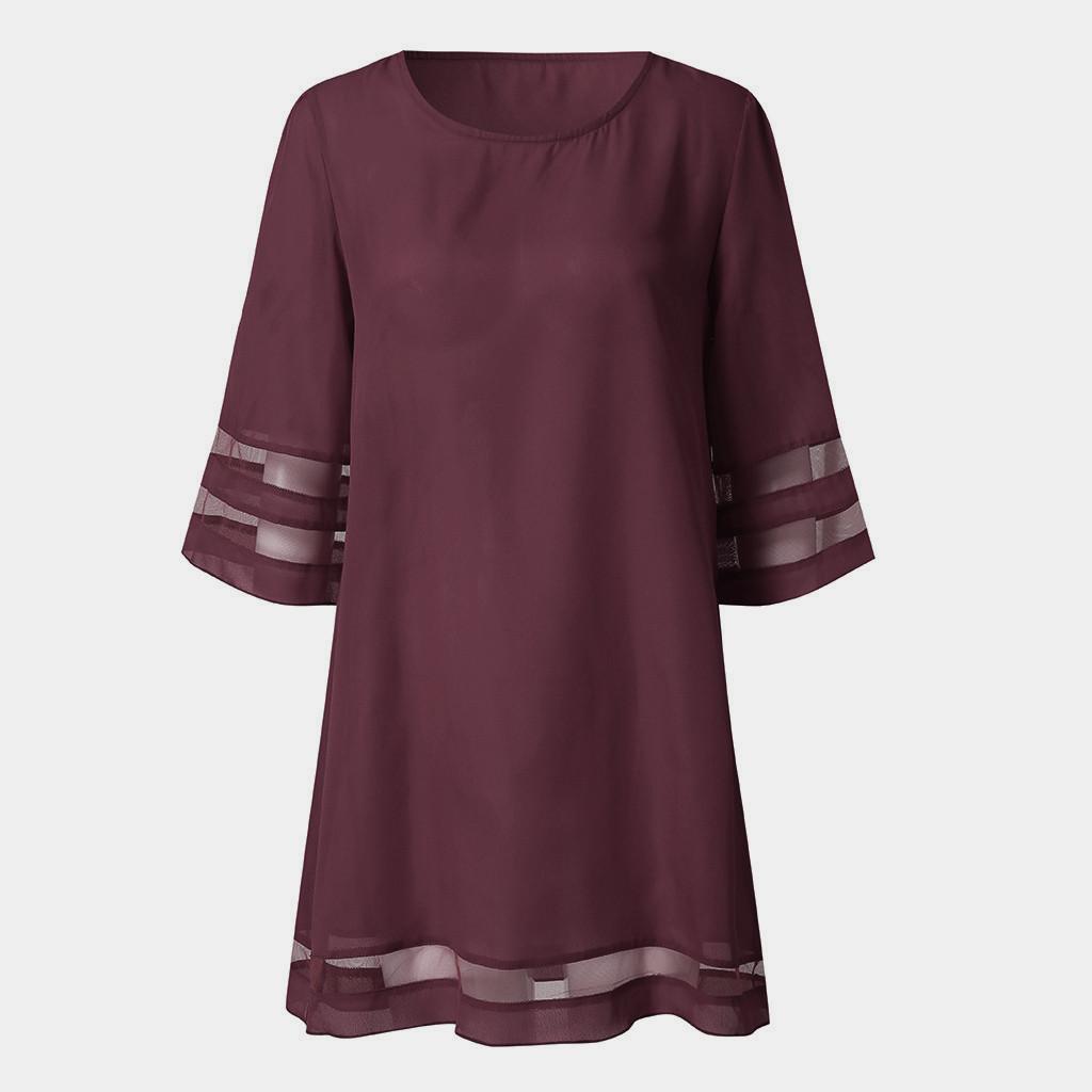 Women's  Mesh Panel Blouse 3/4 Bell Sleeve Loose Top Shirt Dress