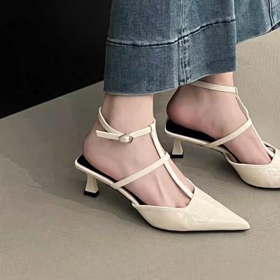 Slim Strap High Heels Women's Pointed Toe Shallow Mouth Hollow Patent Leather One Buckle Strap Wrapped Stiletto Sandals
