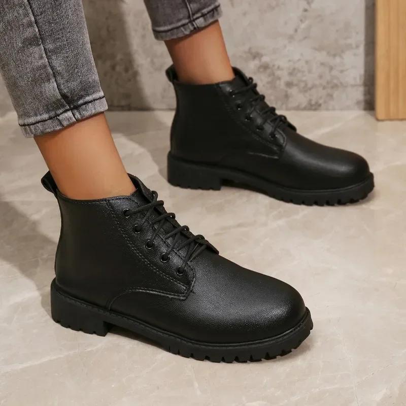 Women's Shoes 2024 Hot Sale Lace Up Women's Boots Autumn Round Toe Solid Chunky Heels Rubber Concise Short Barrel British Boots