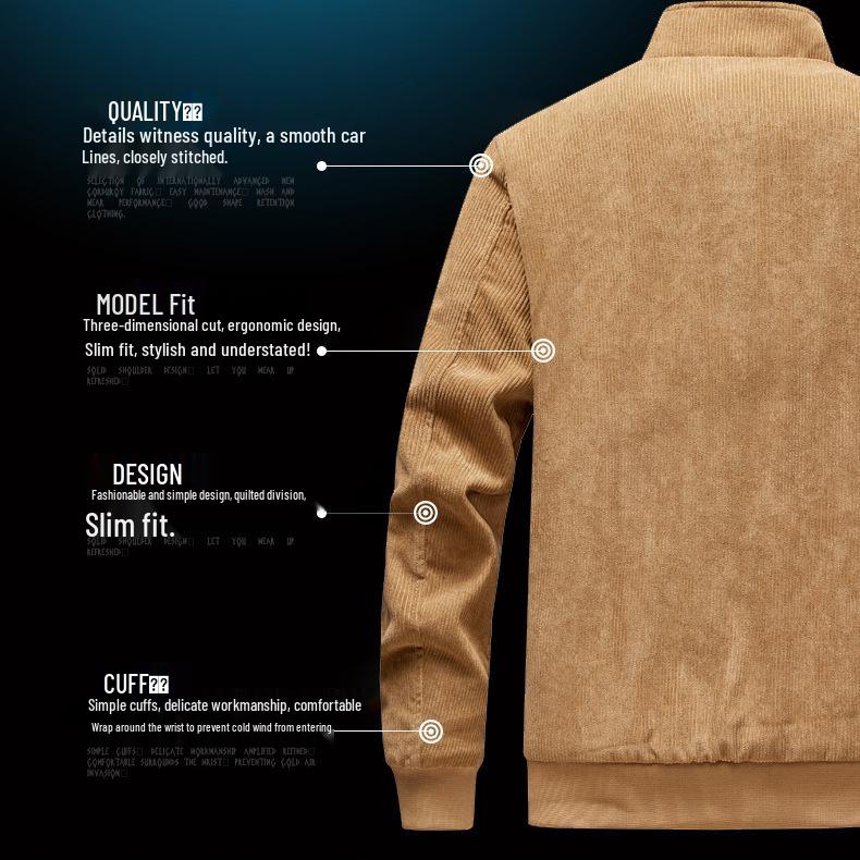 Men's Corduroy Stand Collar Jacket - Winter 2025. Warm Lambswool Lined, Casual Loose Fit Workwear.
