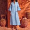 2026 Summer New European and American Style Linen V-neck Bubble Sleeve Dress Women's Casual Vacation Dress