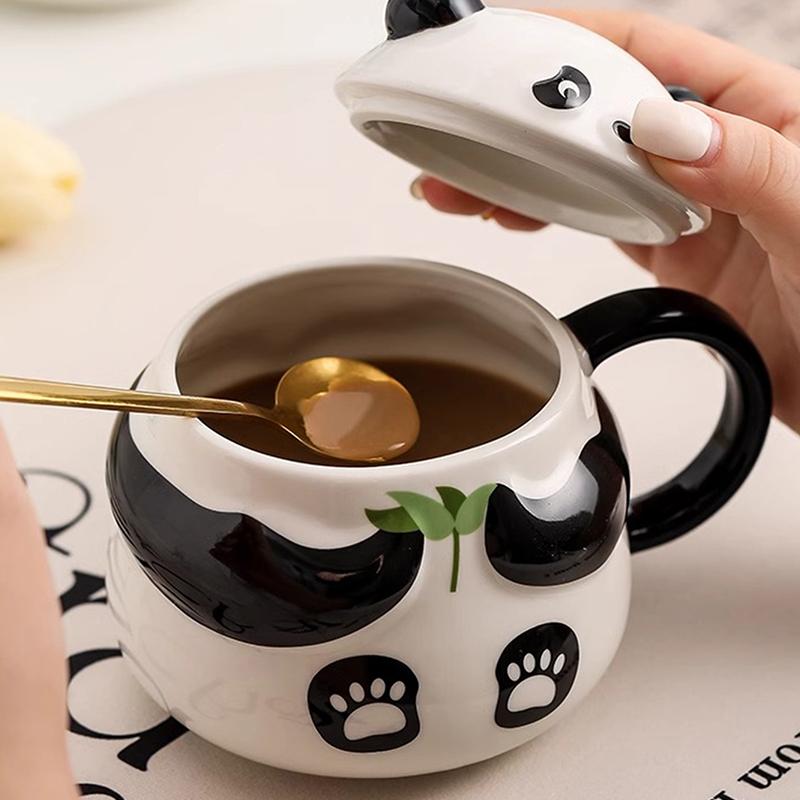 1 st Stor kapacitet Keramisk Mugg med Lock, Pandaformad, Kreativ Design, Söt Tecknad Panda Mugg Kaffekopp