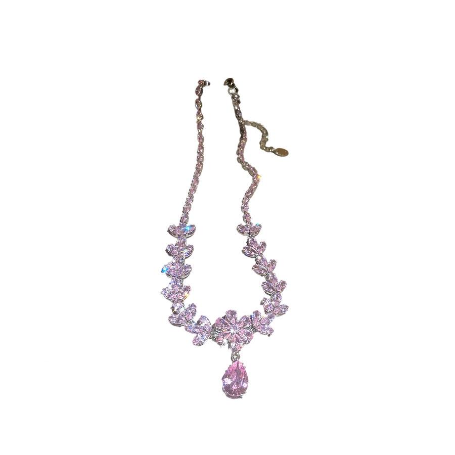 European and American Zircon Diamond-encrusted Flower Water Drop Pendant Ear Hook Sweet Exquisite Simple Necklace Light Luxury High-end Suit Women