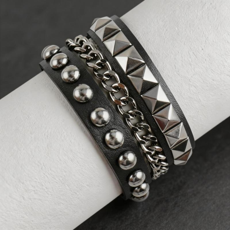 Punk Style Chain Bracelet, Cool Black and White Brushed Square Nail Bracelet, Bracelet, Hip-hop Rivet Bracelet.