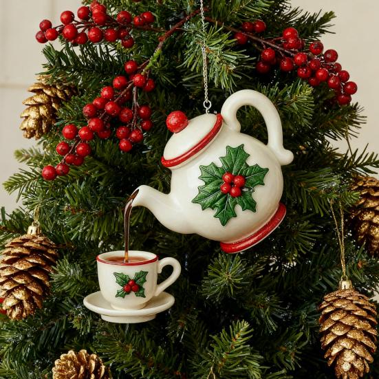 Weihnachts Teekannen Ornament Stechpalme Vintage Teetassen und Kannen Set Weihnachtsbaum Hängeornamente 2D Acryl Teekannen Dekor mit Teegießeffekt für