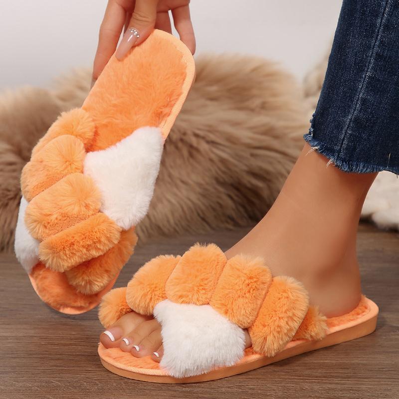 Fashion Contrast Color Cross Strap Plush Slippers for Women Winter Fashion Fluffy House Slippers Woman Cozy Warm Faux Rabbit Fur Slides