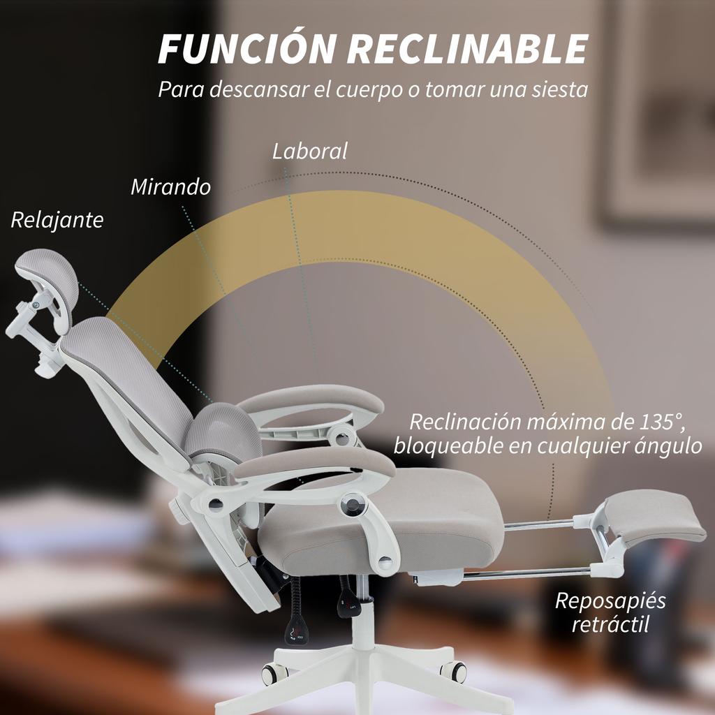 Reclining Mesh Desk Chair with Headrest, Lumbar Support, Footrest and Adjustable Height, Light Gray