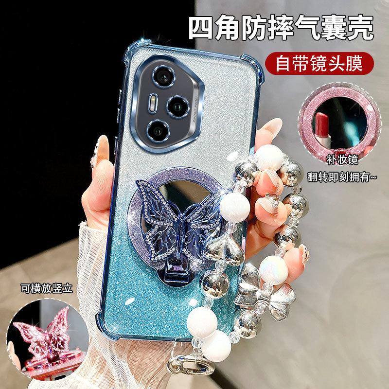 

Блестящий противоударный чехол-браслет с зеркальным покрытием в виде бабочки для Huawei Honor 400 300 Ultra 200 100 90 Lite 80 70 Pro Honor 400 Pro синий