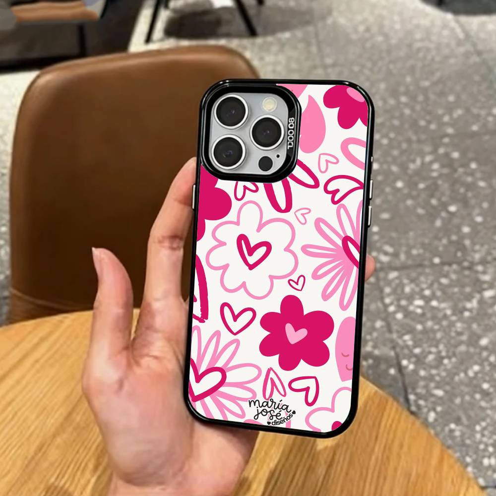 C-Cute P-Pink Love Heart   Phone Case For iPhone17,16,15,14,13,12,11 Plus,Pro Max Colored Silver Plated Inside Cover