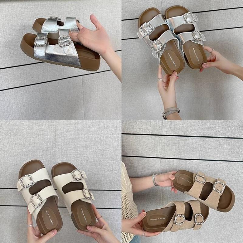 Height-increasing thick-soled one-word slippers women's summer new rhinestone versatile slippers outer sandals