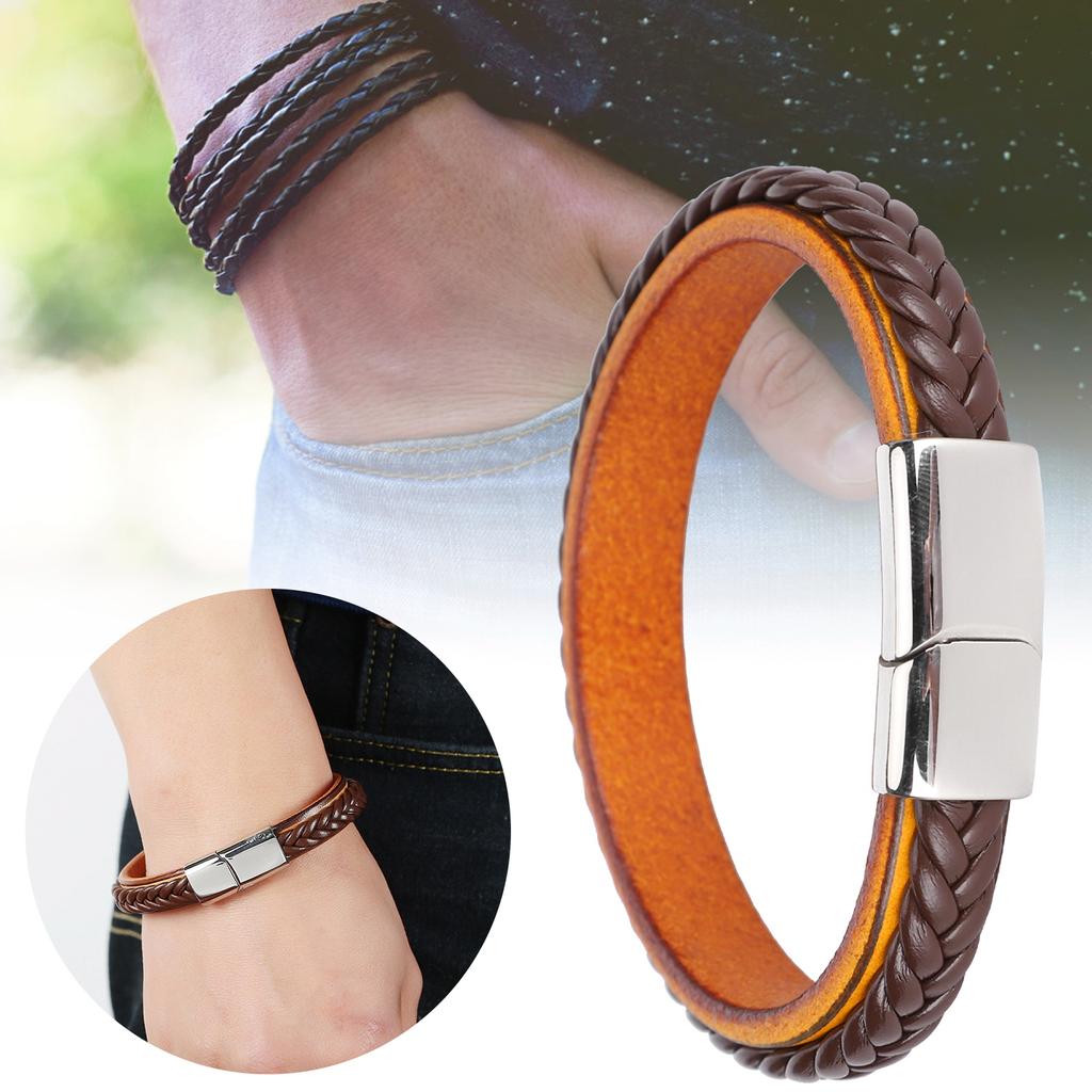 Leather Woven Bracelet Braided Wrist Band Vintage Magnetic Buckle Hand Decoration 20.5cm