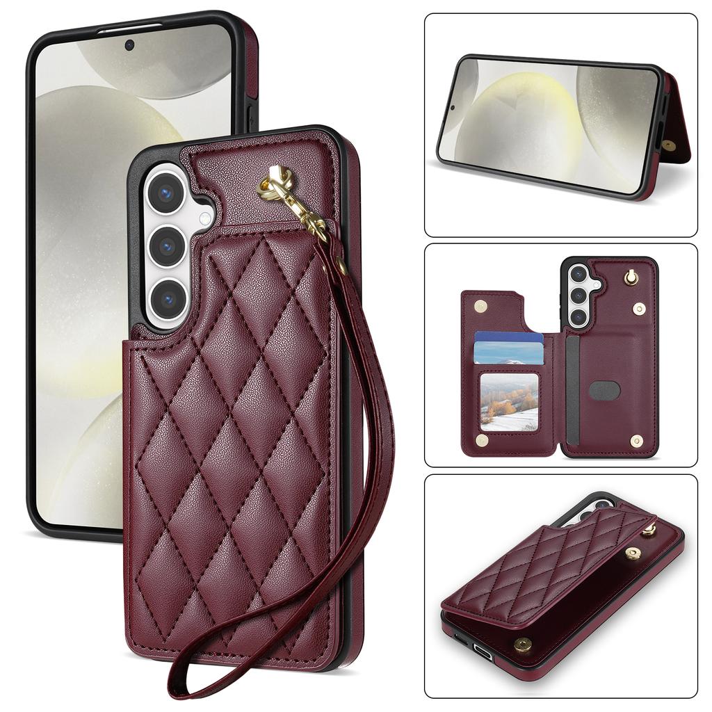 For Samsung Galaxy S24 Case with Wrist Strap Card Slots Rhombus Leather+TPU Phone Cover