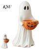 Festive Home Accents Halloween Ghost Figurine with Pumpkin Candy Bowl, Cute Resin Statue, Freestanding Vintage Style Ornament Trick or Treat