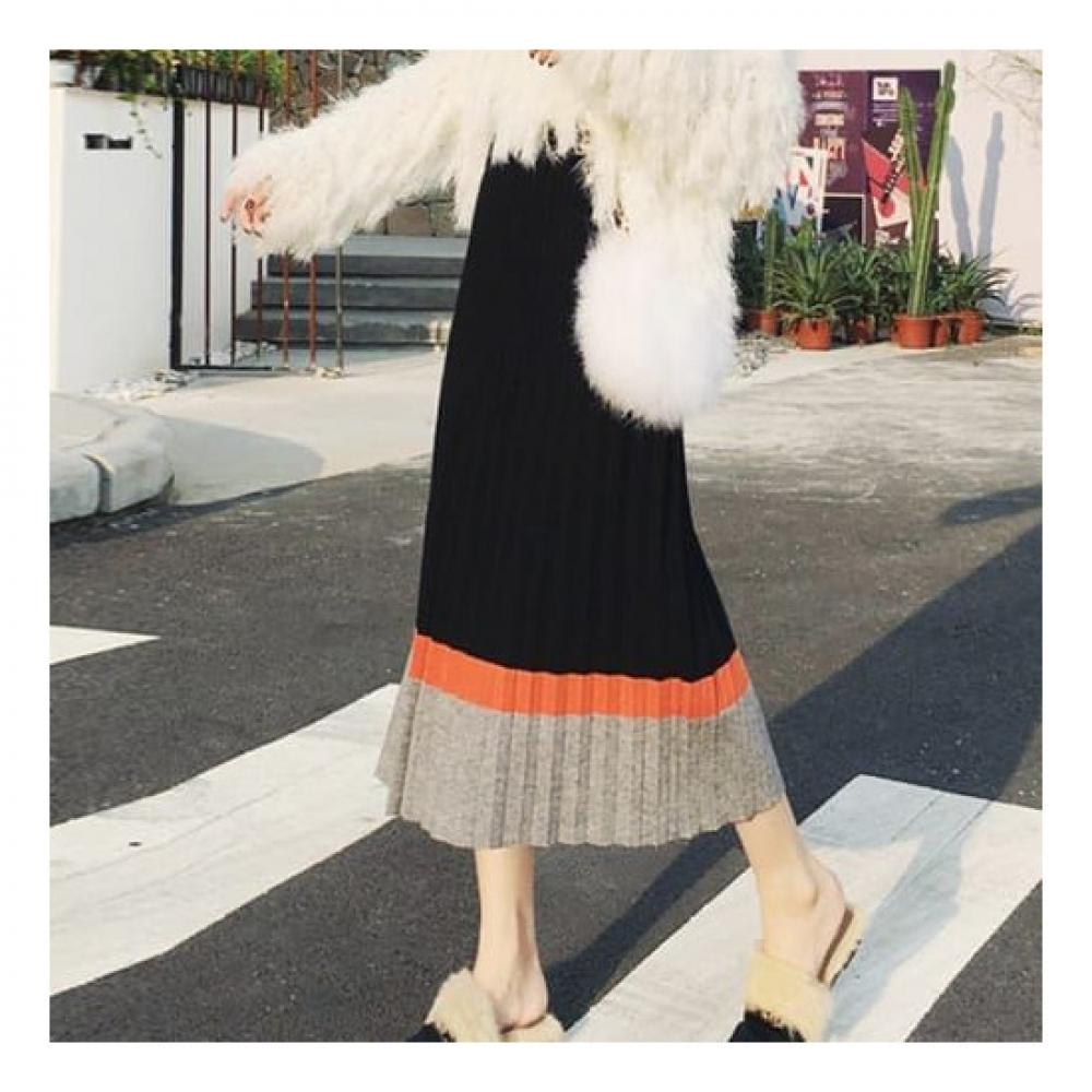 Navava Ns272 Color Block Pleated Knit Skirt