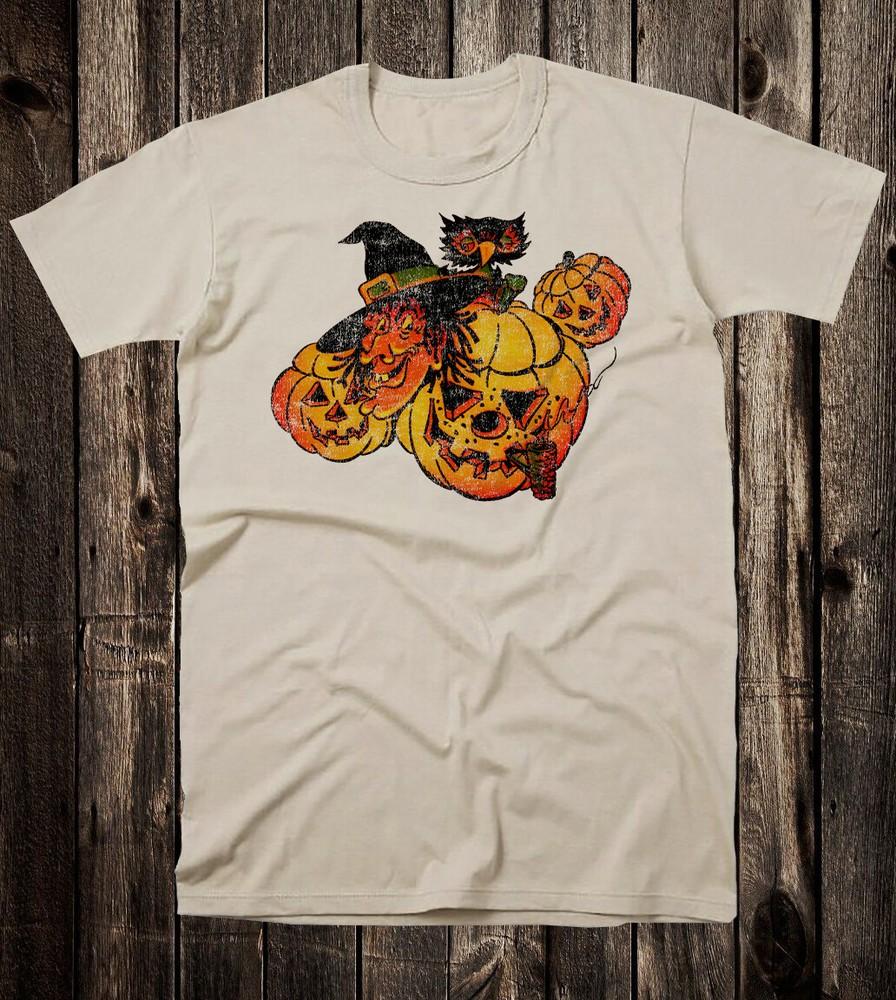 Retro Halloween Tee T Shirt Vtg Art Goth Witch Jack O Lantern Owl Cute Unisex T-Shirt M