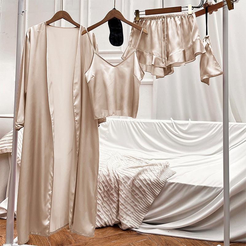 Female Sleepwear Pajamas Three-Piece Set Spring Summer Kimono Bathrobe Strap Top&Shorts Pijamas Suit Sexy Loose Satin Home Wear