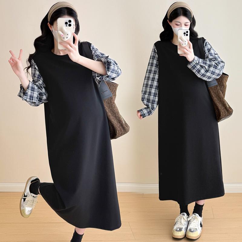 2026 Spring Korean Style Plaid Patchwork Maternity Hoodie Dress - Loose, Comfortable, Fake Two-Piece