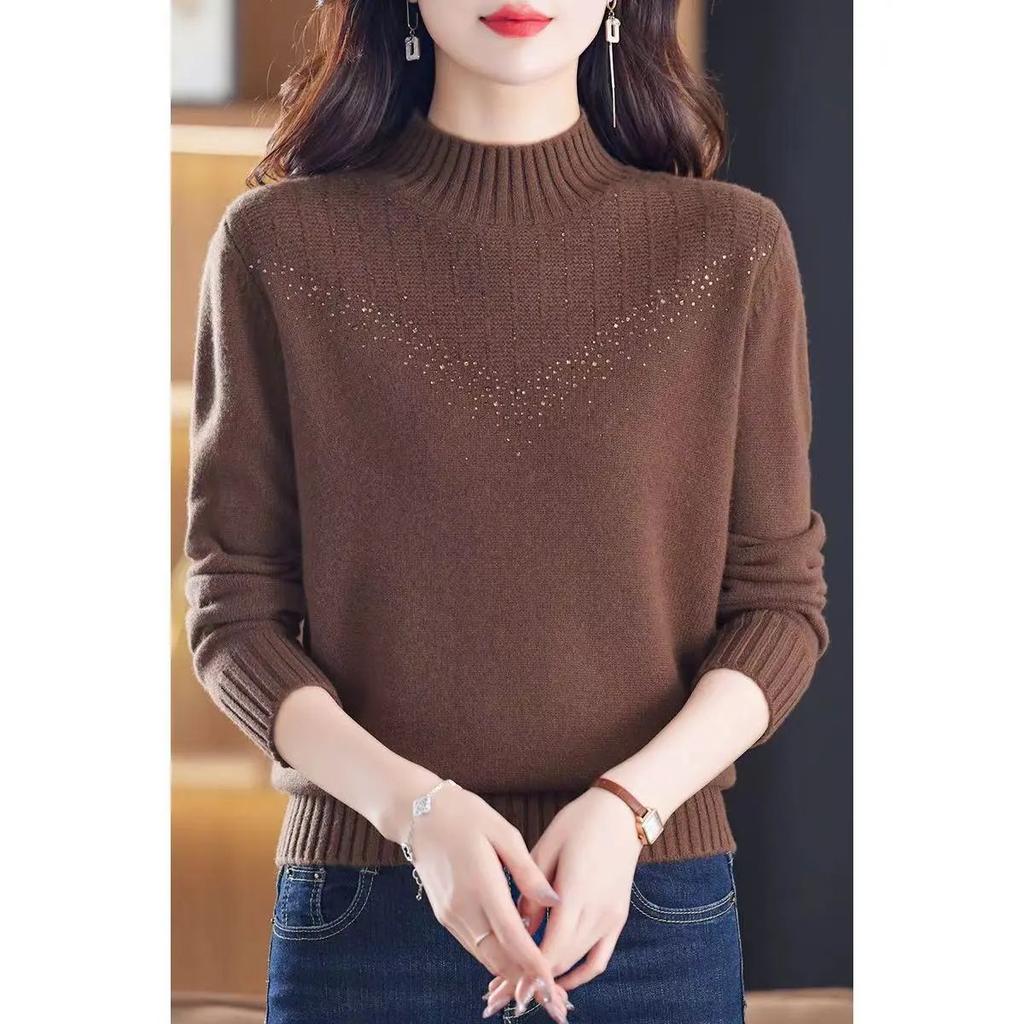 Pulover tricotat cu jumătate de gât înalt de iarnă pentru femei Pulover de bază liber și la modă Strat interior gros