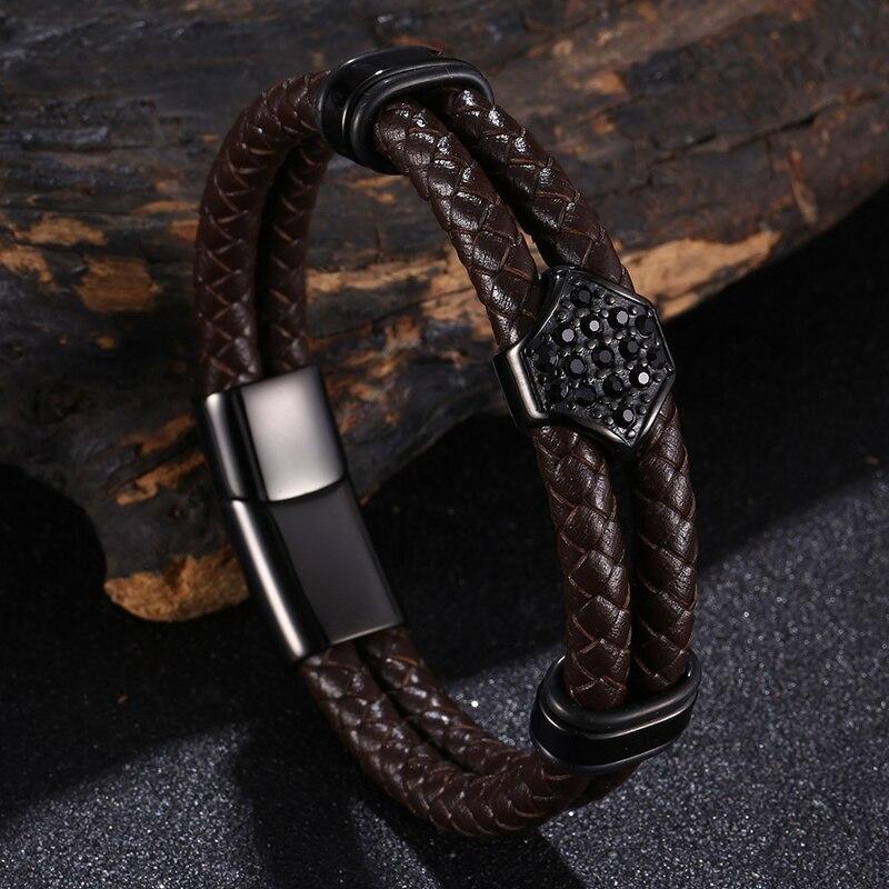 Fashion Style Men Hand-Woven Leather Bracelet Black Metal Buckle Men's Wristband Gift