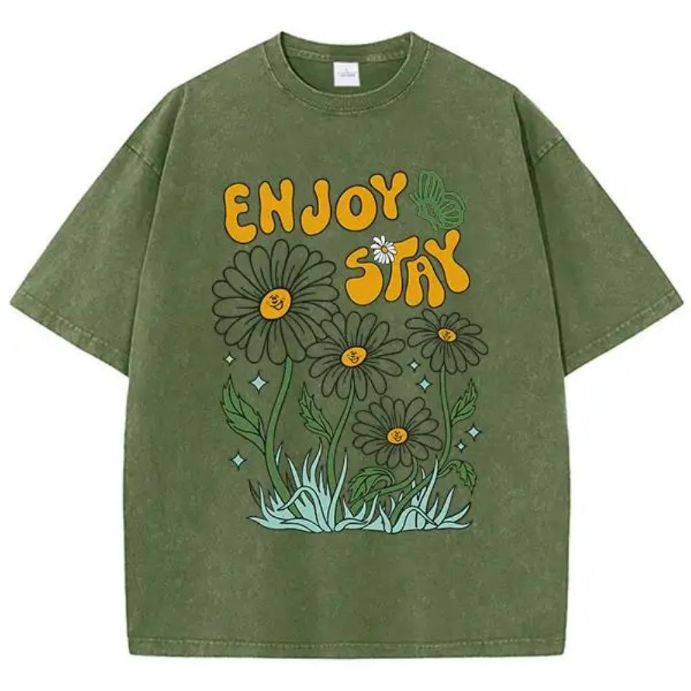 Flower Butterfly Enjoy Stay Print T-Shirt Mens Shoulder Drop Popular T Shirt Fashion Vigor Tees Normcore Streetwear