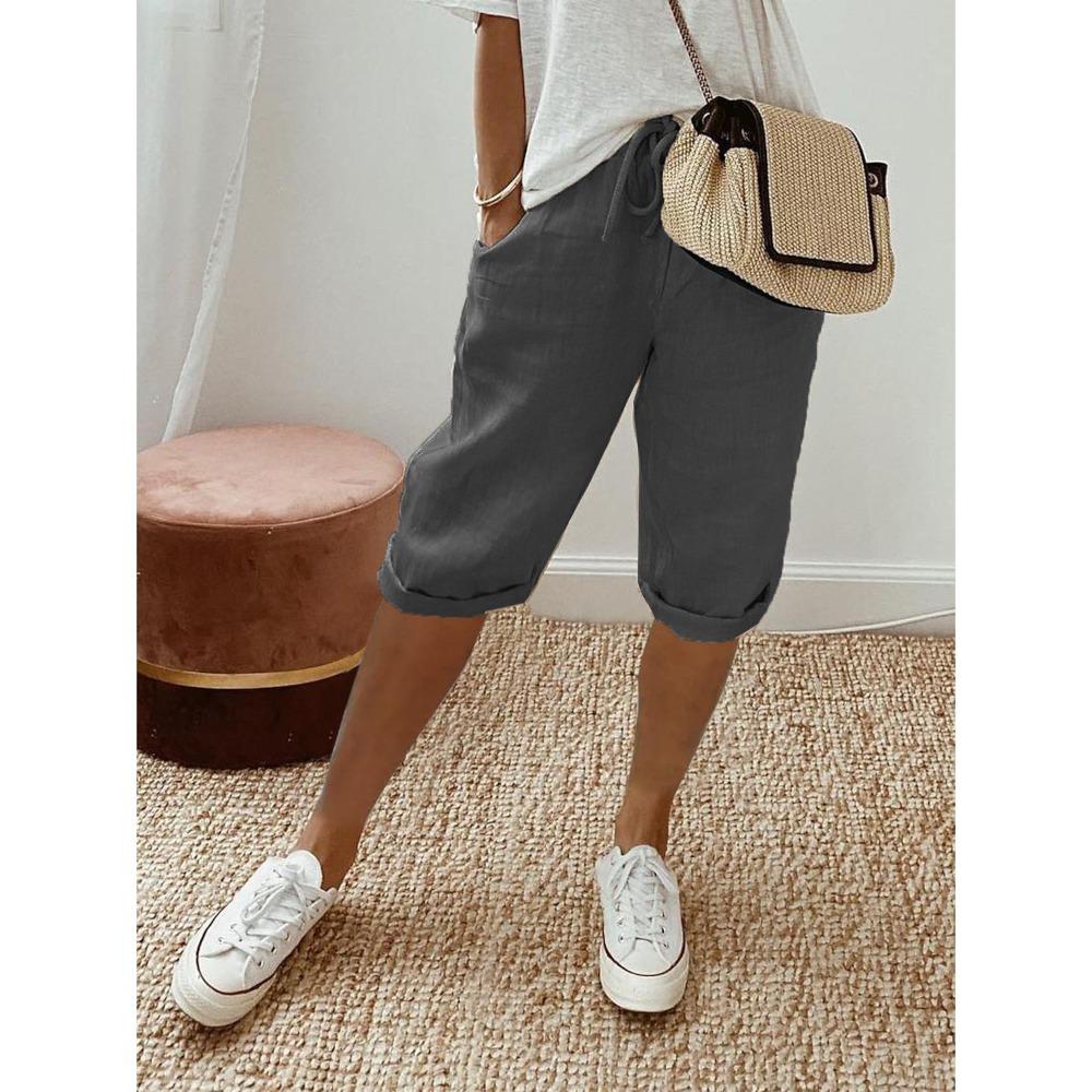 Damen Baumwolle Leinen Tasche Elastische Taille Lässige Fünf-Punkt-Hose S dunkelgraue