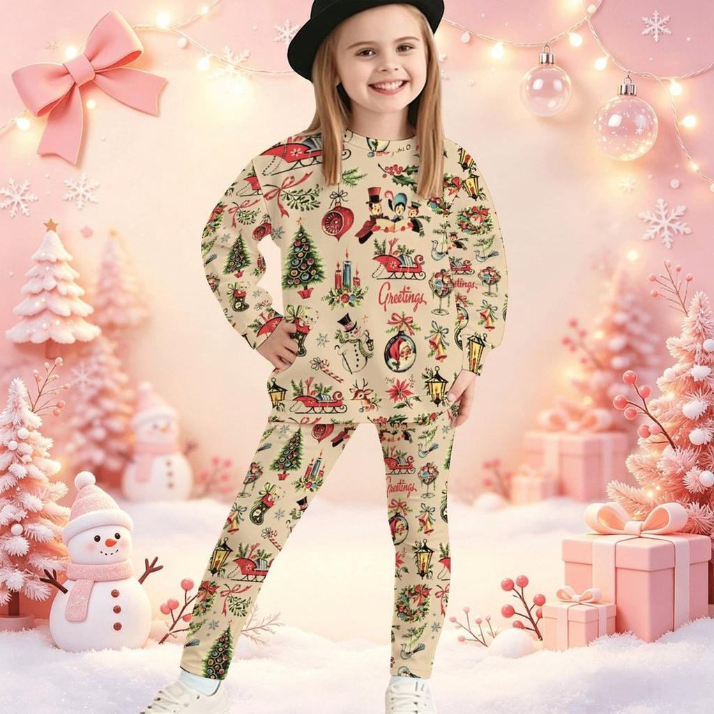Girls' Xmas Tree Casual Comfortable Soft Loose Pullover Sweatshirt and Leggings 2-Piece Set, New Autumn/Winter, Playful, Sweet and Cool Style